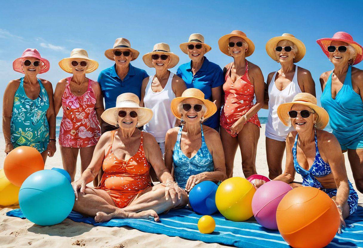 A vibrant beach scene showcasing a diverse group of seniors engaging in fun activities on the sand, wearing stylish beachwear and accessorized with colorful sun hats and sunglasses. Include a friendly Griffin logo on a towel in the foreground, playful beach balls, and a clear blue sky overhead. The atmosphere is energetic and lively, emphasizing health and style for seniors. super-realistic. vibrant colors. white background.
