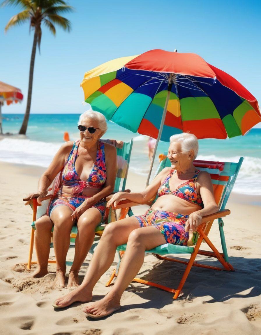 An elderly couple enjoying a sunny beach day, wearing colorful swimwear, while a friendly caregiver assists them with a beach umbrella and lounge chairs. In the background, gentle waves and beachgoers add a vibrant atmosphere. The scene embodies warmth, joy, and support, promoting inclusivity and fun for seniors. bright colors. super-realistic. summer vibes.